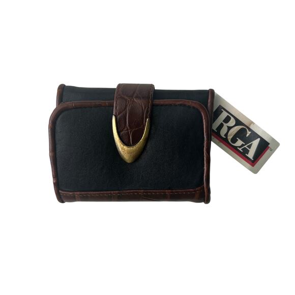 RGA Vintage Black Brown Croc Trim Trifold Wallet R5064 Brass Snap - Picture 1 of 10